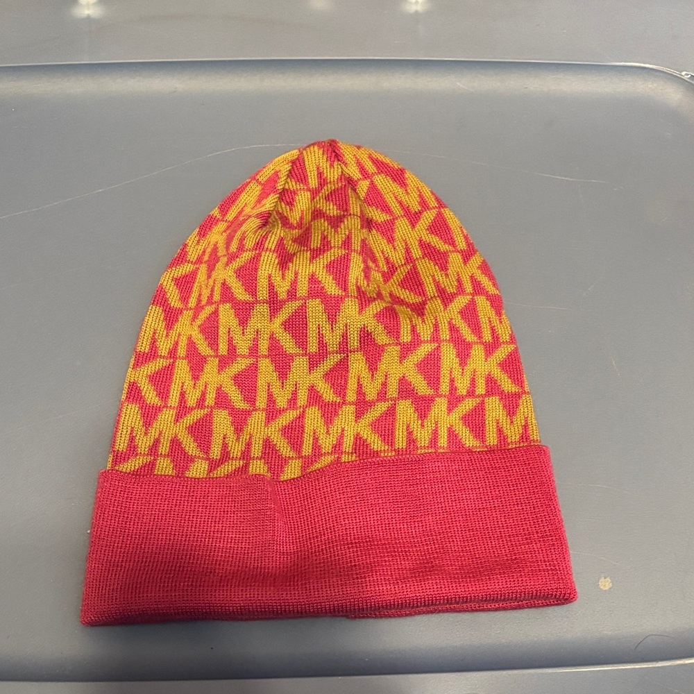 Michael Kors Magenta and Tan Logo Beanie